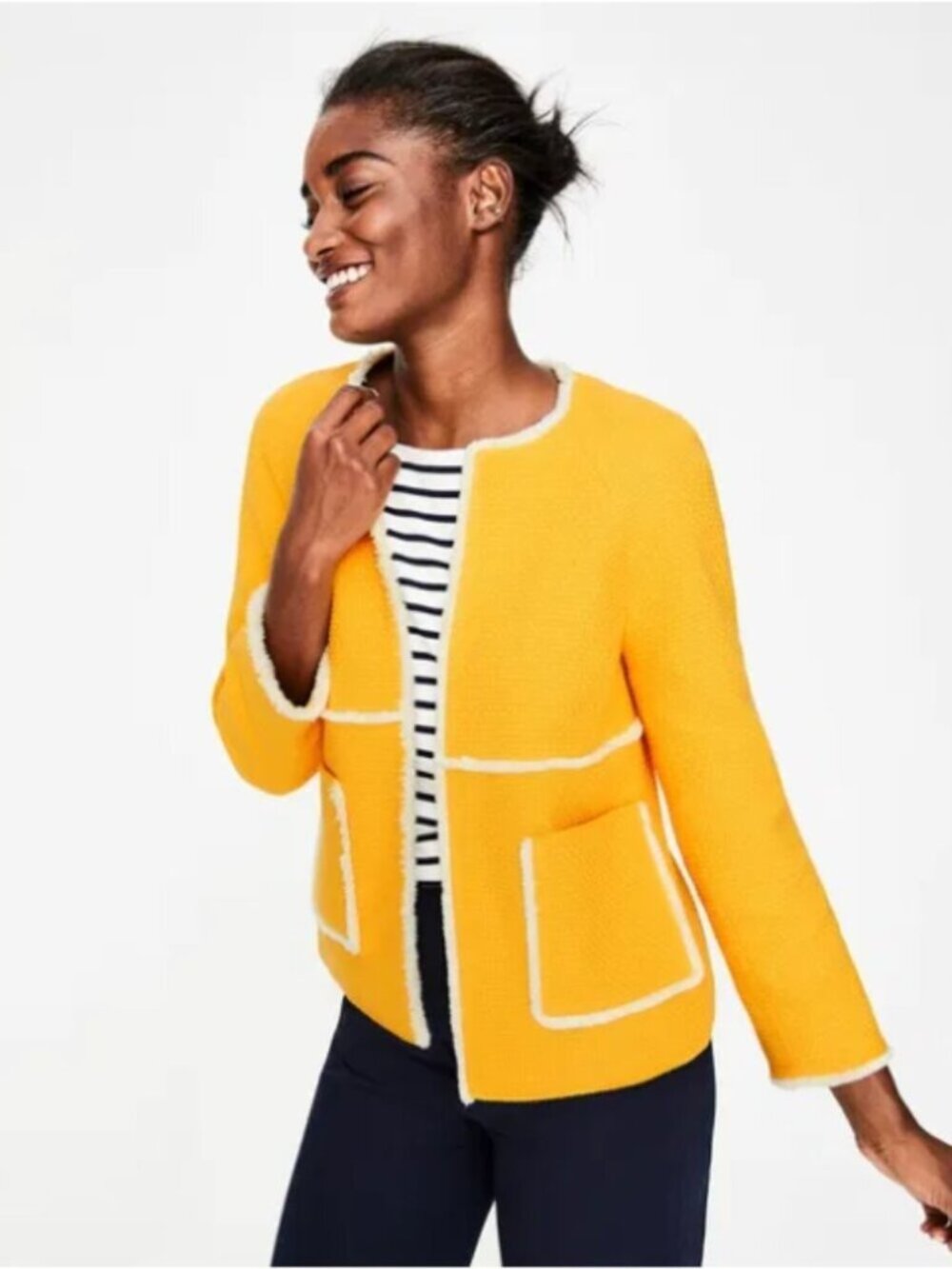 Boden Yellow Textured Pocket Blazer with Cream Trim